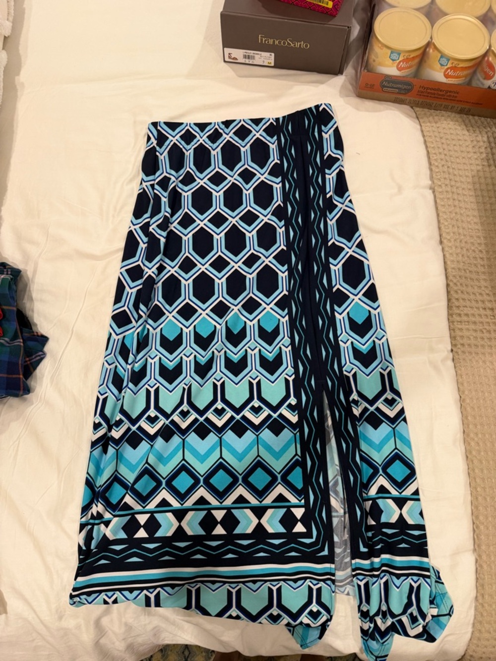 Chico's Aqua and Navy Geometric Maxi Skirt